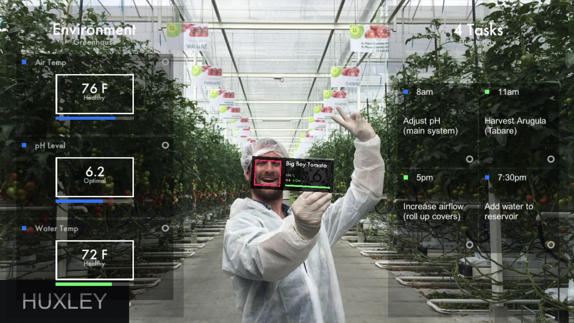 Plant Vision on a tomato grower with HUXLEY branding. Air temp 76F, pH 6.2, water 72F, and a task list overlaid on the crop.