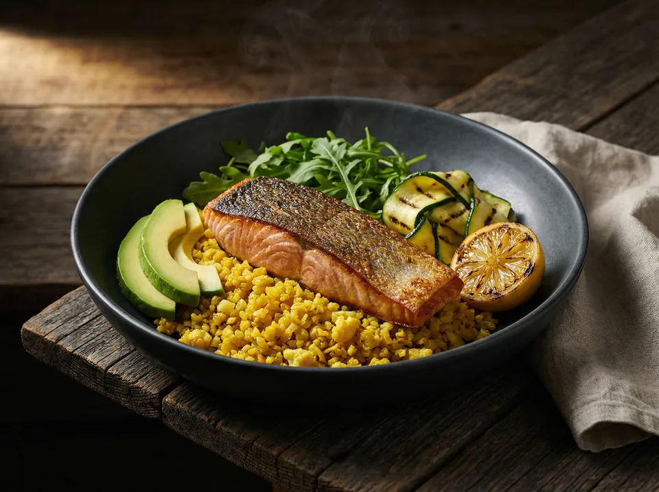 Proto meal: pan-seared salmon over saffron cauliflower rice, grilled zucchini, avocado, arugula, charred lemon.